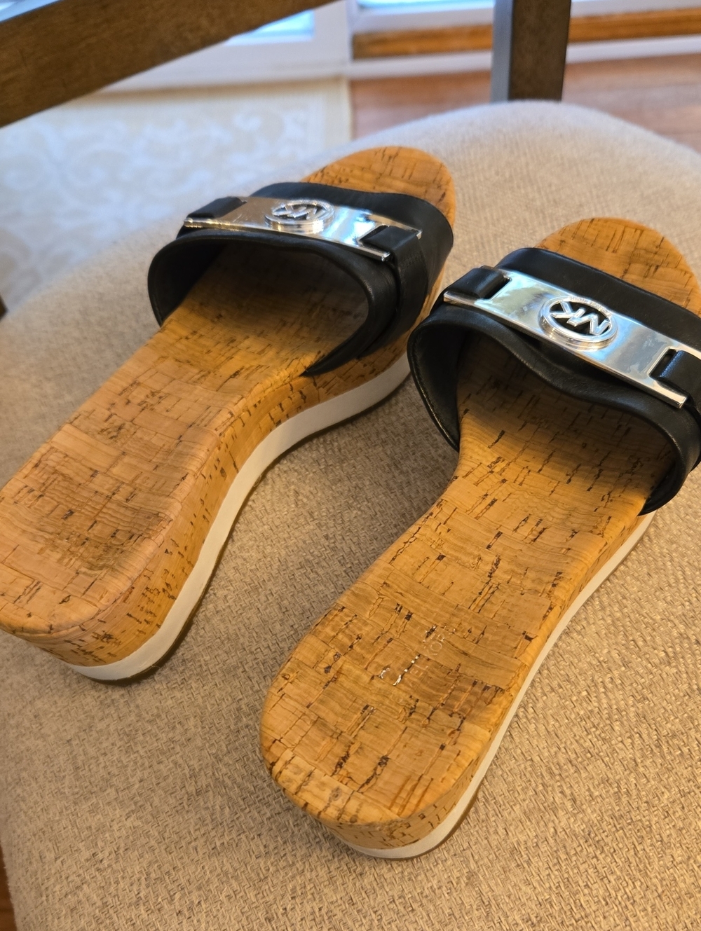 Michael Kors Black Leather Cork Slide Sandals with Silver MK Accent